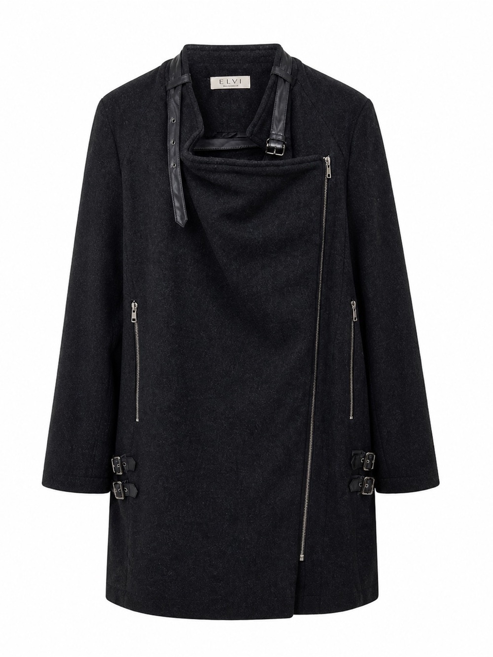 Elvi, Women’s,Blackish/Grey,Wool Blend,Biker Front,Long Sleeve Coat. Size-10